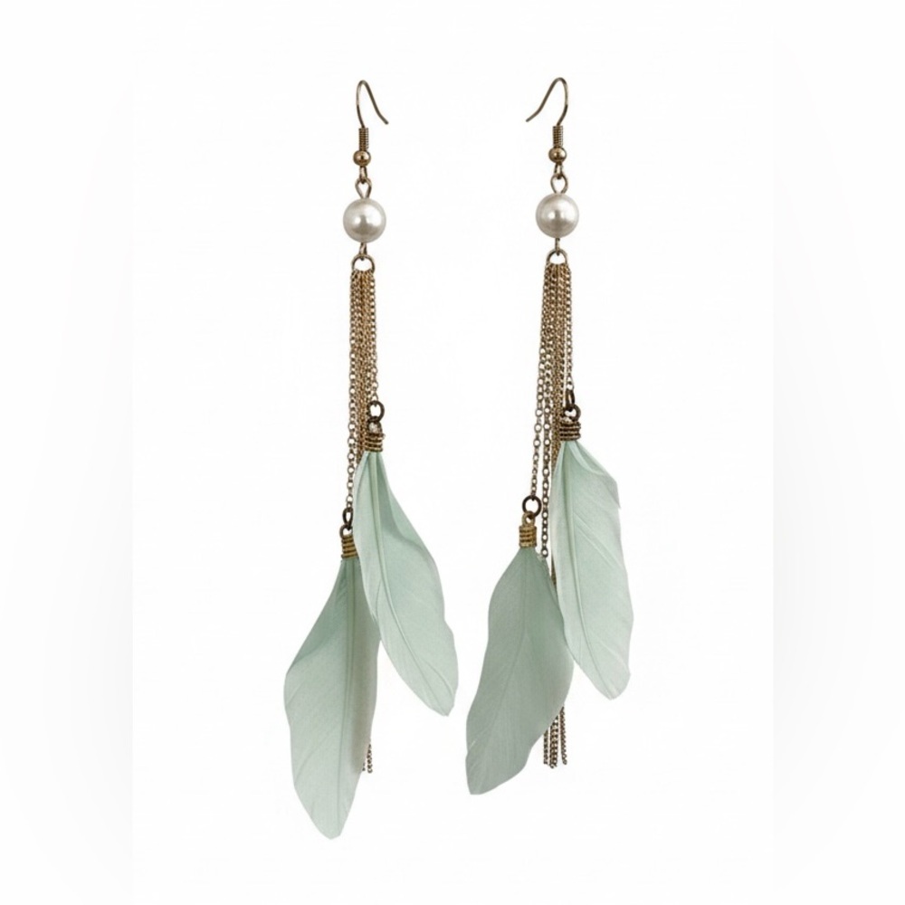 Boho Dreams: Long Feather & Pearl Tassel Drop Earrings